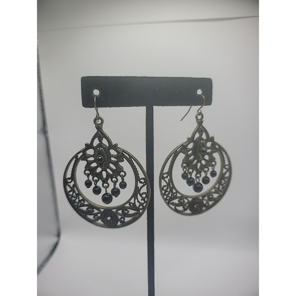 Vintage Gold Tone Drop Dangle Earrings Hoop Ornate Jewelry Costume